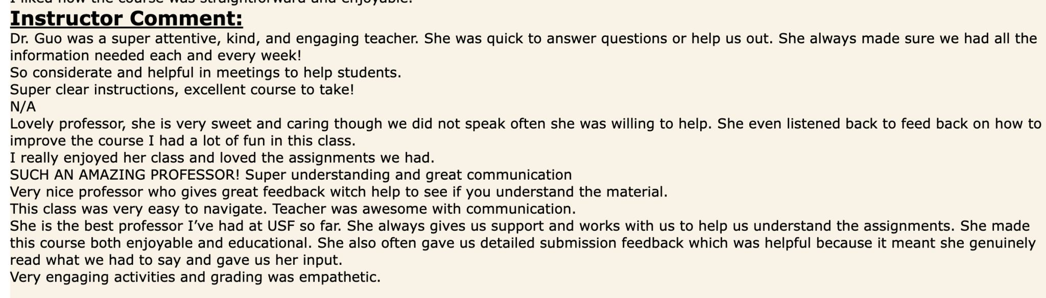 Screenshot of anonymous instructor comments from a course evaluation report