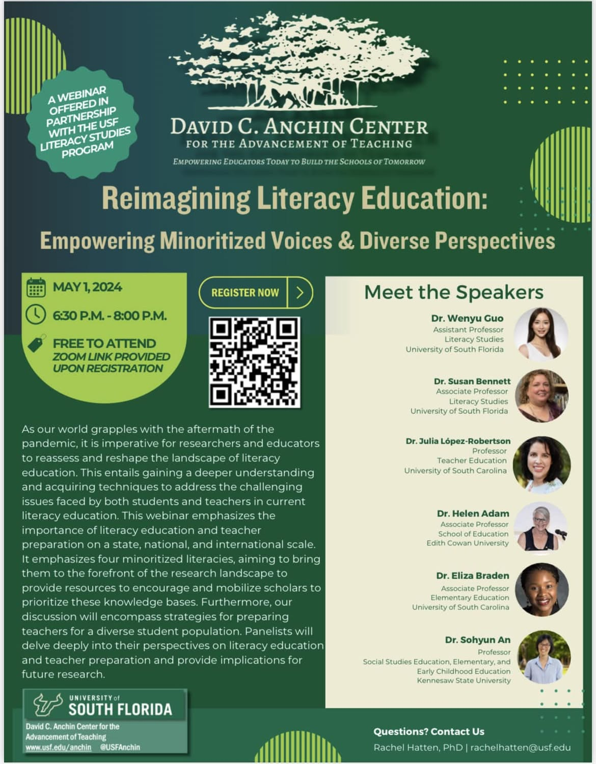 Poster for the Reimagining Literacy Education webinar, David C. Anchin Center